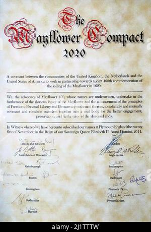 Der Mayflower Compact 2020.Ein Einberufungsgremist zwischen den Gemeinden des Vereinigten Königreichs, der Niederlande und den Vereinigten Staaten von Amerika, um partnerschaftlich an einer gemeinsamen 400.-Vergeltung der Mayflower-Segelfahrt im Jahr 1620 zu arbeiten. Stockfoto