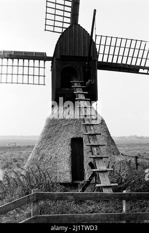 Die Bockwindmühle Honigfleth in der Wilstermarsch, 1973. Die Windmühle Honigfleth in der Sumpfregion Wilster, 1973. Stockfoto