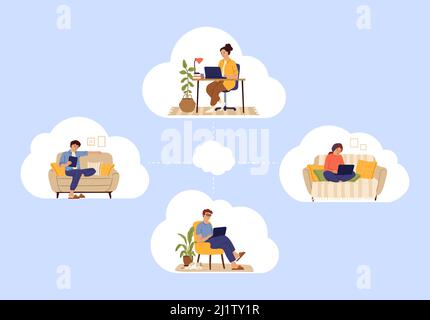 Cloud-Service. Menschen, die von zu Hause aus im Internet arbeiten und chatten. Web-Arbeitsgemeinschaft, freiberuflich. Fernstudium, Schüler lernen mit Gadgets Vektor Stock Vektor