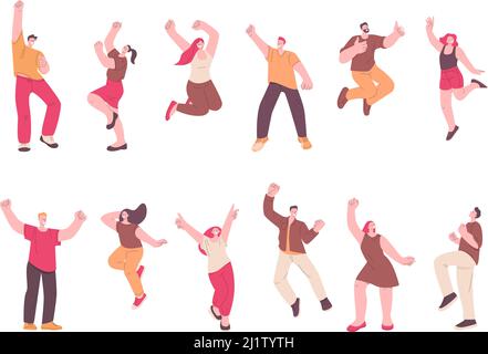 Fröhliche springende Charaktere. Bürofrauen jubeln, erfolgreiche Jugendliche feiern. Menschen Freiheit, Jugendliche oder Studenten Clipart. Aktiv angeregter kicky-Vektor Stock Vektor