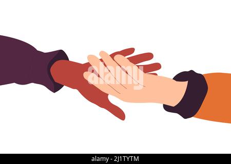 Helfende Hände. Solidarität mit der Rasse. Eine schwarze Hand, die eine weiße Hand erreicht. Hand hält eine andere Hand. Abbildung isoliert auf weißem Hintergrund. Vektor. Stock Vektor