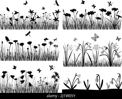 Sammlung von Silhouetten von Blumen und Gräsern Stock Vektor