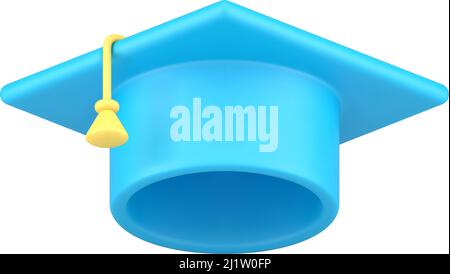 Akademischer Schüler High School Uniform blaue Graduierung Kappe 3D Symbol realistische Vektor-Illustration. Isometrischer Hut für Absolventen mit gelber Quaste Stock Vektor