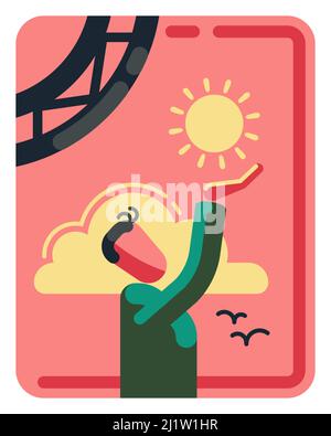 Mann streckt die Hand zur Sonne, minimalistische Illustration, ui ux Icon Style, Sonnenaufgang Stock Vektor