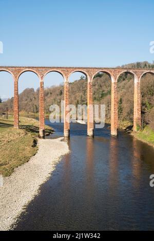 Das ausgediente Viadukt der Leaderfoot Railway über den Fluss Tweed, in der Nähe von Melrose, Scottish Borders, Schottland, Großbritannien Stockfoto