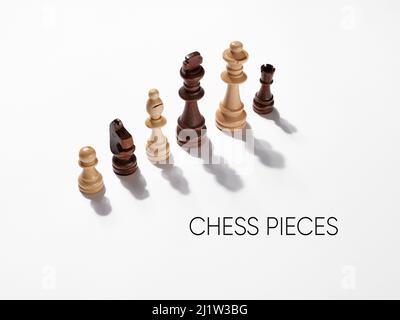 Verschiedene Schachfiguren auf weißem Hintergrund. Stockfoto