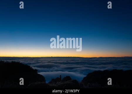 Niedrige Wolke unter den Bergen vor Sonnenaufgang, über den Wairarapa Ebenen, Holdsworth-Jumbo Circuit, Tararua Ranges, North Island, Neuseeland Stockfoto