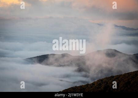 Niedrige Wolke unter den Bergen, über den Wairarapa Ebenen, Holdsworth-Jumbo Schaltung, Tararua Ranges, North Island, Neuseeland Stockfoto