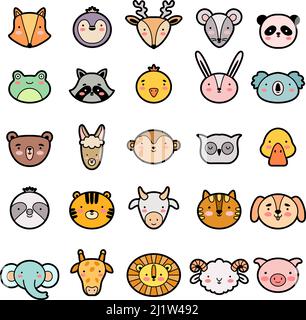 Tiergesichter. Niedliche kawaii Köpfe verschiedenen Ausdruck Emoticons wilde Tiere Set neuen Vektor Cartoon stilisierte Satz Stock Vektor