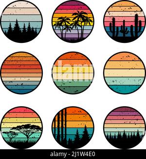 Retro-Abzeichen bei Sonnenuntergang. 90s vintage stilisierte farbige Farbverläufe Vorlagen für Etiketten Design Grunge Surfen Ozean Logos jüngsten Vektor-Kollektion Set Stock Vektor
