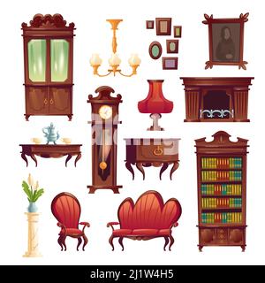 Viktorianische Innenausstattung Wohnzimmer Sachen, Luxus Royal Tee-Service, Kamin, Sessel und Couch, Großvater Uhr, Tischlampe und Kronleuchter, Schrank, Stock Vektor
