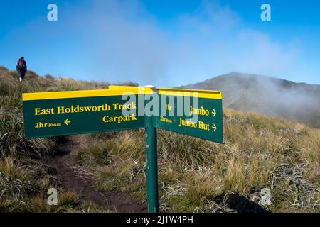 Richtungsschild auf Holdsworth-Jumbo Circuit, Tararua Ranges, North Island, Neuseeland Stockfoto