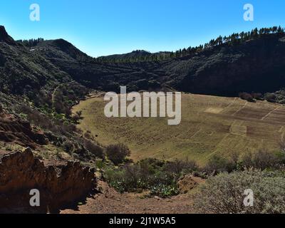 Blick auf den Vulkankrater Caldera de Los Marteles in den zentralen Bergen der Insel Gran Canaria, Spanien an sonnigen Tagen mit grünen Wiesen und Wäldern. Stockfoto