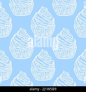 Weiße Kuchen auf blauem Himmel Hintergrund nahtlose Muster Stock Vektor
