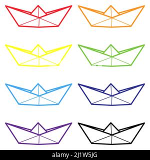 Satz von Vektor-Regenbogenfarben Illustrationen von Papier Boot Symbole. Skizzieren Sie einfache Handwerk Papier Boot isoliert auf weißem Hintergrund. Symbol für Reisen Stock Vektor