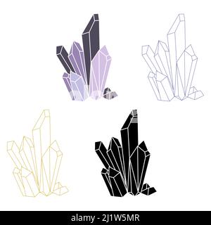 Crystal Umriss und Silhouette Vektor Illustration minimalistischen Icon-Set. Lineares Zeichen eines Schatzjuwels. Mineral, Diamant, Quarz Einfache Symbole isoliert auf Stock Vektor