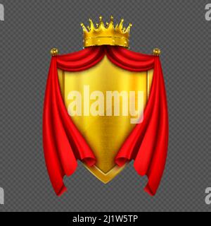 Wappen mit goldener Monarchkrone, Schild und rotem gefaltetem Tuch oder Umhang, heraldisches königliches Emblem isoliert auf transparentem Hintergrund. Mittelalterliches Gold k Stock Vektor