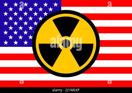 Vereinigte Staaten von Amerika (USA). Atomwaffen. USA-Flagge mit Symbol für chemische Waffen. Abbildung der Flagge der Vereinigten Staaten. Horizontales Design. Stockfoto