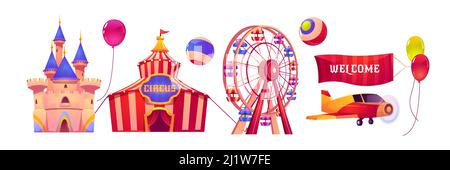 Karneval-Kirmes mit Zirkuszelt, Riesenrad und magischem Schloss. Vector Cartoon Satz von Attraktionen im Freizeitpark mit Flugzeug, willkommen Banner ein Stock Vektor