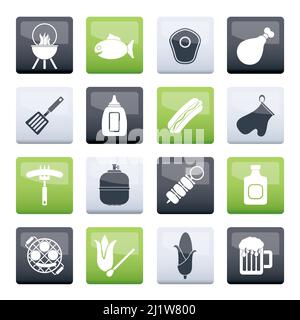 Symbole zum Grillen und Grillen über dem Farbhintergrund - Vektorsymbol gesetzt Stock Vektor