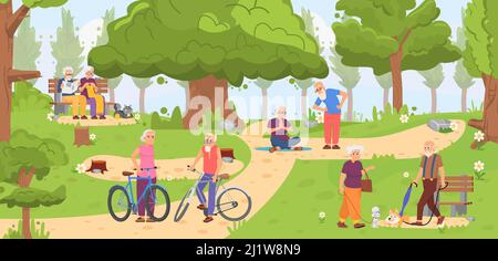 Ältere Menschen im Park. Altes Radlerpaar, Frau und Mann, die mit Hunden spazieren gehen. Ältere Menschen trainieren im Freien, Senioren auf der Bank. Aktive anständige Ruhestand Mensch Stock Vektor