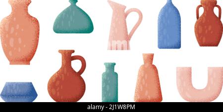 Keramikvasen. Keramikvase aus Tonerde, isolierte, flach strukturierte Kunstobjekte. Antiquitäten-Utensilien, dekorative Retro-Schalen für Blumen und Pflanzen, schwüliger Vektor Stock Vektor