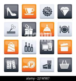 Shopping- und Mall-Symbole auf farbigem Hintergrund - Vektor-Icon-Set Stock Vektor