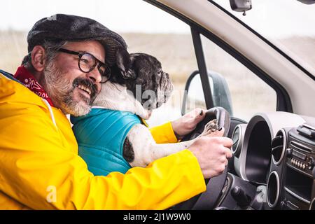 Seitenansicht eines glücklichen geperlten männlichen Fahrers in einer Mütze mit einer niedlichen französischen Bulldogge hinter dem Lenkrad, der während einer Landreise im Auto sitzt
