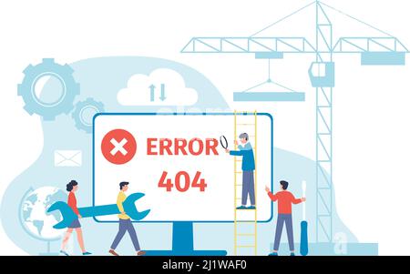 Fehler auf der Webseite. 404 Server Fehler, moderne Warnung Computer-System über Internet-Probleme. Website-Bau-Prozess, digitale Wartung neu Stock Vektor