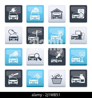 Symbole für Auto- und Straßenverkehrsdienste auf farbigem Hintergrund - Vektorsymbole gesetzt Stock Vektor