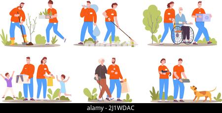 Helfen Sie Senioren ehrenamtlich. Freiwilligenarbeit Pflege ältere Menschen Pflegesgemeinschaft, Pfleger blinde Person, Sozialdienst Spenden humanitäre Nächstenliebe, Vektor-Illustration. Pflege ältere Menschen, helfen alten Menschen Stock Vektor