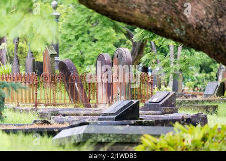 Eine Seite auf dem Bild von geschnitzten Steingrabsteinen umgeben von einem niedrigen gusseisernen Zaun auf einem alten Friedhof oder Friedhof in Sydney, New South Wales, Australien Stockfoto