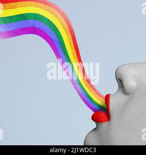 Konzeptuelles Image. Der Regenbogen erscheint von den weiblichen Lippen und symbolisiert die Unterstützung der Menschenrechte Stockfoto