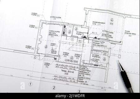 Strukturdetails zeichnen. Nahaufnahme. Architektur- oder Ingenieurprojekt. Bauindustrie Stockfoto