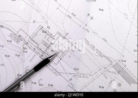 Strukturdetails zeichnen. Nahaufnahme. Architektur- oder Ingenieurprojekt. Bauindustrie Stockfoto