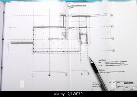 Strukturdetails zeichnen. Nahaufnahme. Architektur- oder Ingenieurprojekt. Bauindustrie Stockfoto