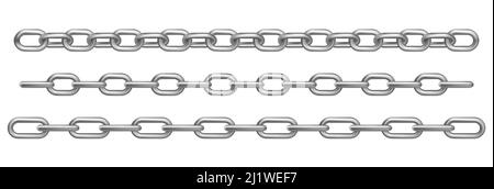 Verchromte Metallketten auf weißem Hintergrund isoliert. Vector realistische Satz von geraden schweren Stahlketten mit verschiedenen Größen Links. Rahmen oder Rahmen patte Stock Vektor