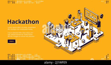 Hackathon isometrische Landing Page. Team von Computer-Programmierer, Projektmanager, Grafikdesigner entwickeln Software, Codierung, erstellen adaptives Layout, Stock Vektor