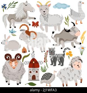Bauernhof mit Haustieren, Katze, Gans, Schafe, Pony, Ziege, Stier. Niedliche Tiere in Pastellfarben. Dorfhoftiere auf weißem Hintergrund. Boho-Tiere. Vektorgrafik. Stock Vektor