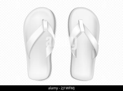 Weiße Sommer Hausschuhe für Strand oder Pool isoliert auf transparentem Hintergrund. Vektor realistische Mockup von leeren Flip-Flops, Kunststoff-Sandalen mit String, r Stock Vektor