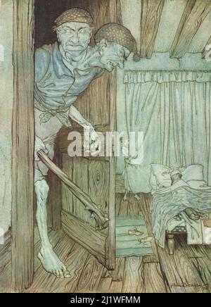 Zur Totzeit der Nacht in kam der Welsh Giant aus dem Buch "The Allies Fairy Book" Illustrated by Arthur Rackham Erscheinungsdatum 1916 Herausgeber J. B. Lippencott co. HE Allies' Fairy Book enthält eine Auswahl traditioneller Märchen aus den verbündeten Ländern, an denen teilgenommen hat Der erste Weltkrieg. Seine Geschichten umfassen: „Jack the Giant Killer“ (Englisch), „The Battle of the Birds“ (schottisch), „Lludd and Llevelys“ (walisisch), „Gulesh“ (irisch), „The Sleeping Beauty (französisch), „Cesarino and the Dragon“ (italienisch), „What Came of Picking Flowers“ (Portugiesisch), „The Adventures of Little Peachling“, „The Stockfoto