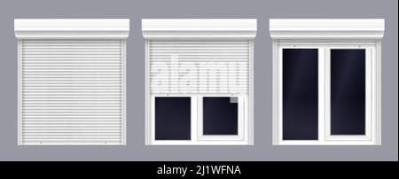 Fenster mit Rollladen nach oben und zu schließen. Doppelflüßige Kunststoffjalousien aus pvc. Vorderansicht geöffnet und geschlossen. Home Fassade Design-Elemente isoliert auf trans Stock Vektor
