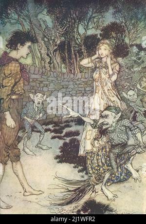 Nun, Guleesh, was wird sie für Sie gut sein, wenn sie dumm sein wird? Es ist Zeit für uns zu gehen – aber Sie werden sich an uns erinnern, Guleesh ! Aus dem von Arthur Rackham illustrierten Buch „The Allies Fairy Book“ Erscheinungsdatum 1916 Herausgeber/Verlag J. B. Lippencott co. Das Fairy Book der Alliierten enthält eine Auswahl traditioneller Märchen aus den verbündeten Ländern, die am Ersten Weltkrieg teilnehmen. Zu den Geschichten gehören: „Jack the Giant Killer“ (Englisch); „The Battle of the Birds“ (schottisch); „Lludd and Llevelys“ (walisisch); „Gulesh“ (irisch); „The Sleeping Beauty (französisch); „Cesarino and the Dragon“ (italienisch); „What Came of picki Stockfoto