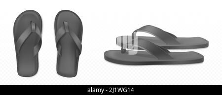 Schwarze Sommer Hausschuhe für Strand oder Pool oben Seitenansicht isoliert transparenten Hintergrund. Vektor realistische leere Flip-Flops mockup, Kunststoff-Sandalen mit Stock Vektor