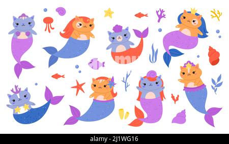 Meerjungfrauen Katzen. Kleine lustige Kätzchen mit Fischschwänzen und Schuppen, niedliche Feen-Ozeanlebewesen, magische Unterwasserfauna, bunte Meerestiere, girly Doodle Stock Vektor