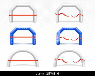 Weißer und blauer aufblasbarer Bogen für Sportveranstaltungen, Rennen, Marathon, Lauf oder Triathlon. Vector realistische Satz von leeren Ballonröhren verschiedene Formen für st Stock Vektor