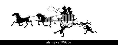 The Black Mousquetaire - Silhouette der Kutsche über Fußgänger aus dem Buch "The Ingoldsby Legends; or, mirth & Marvels" von Thomas Ingoldsby, illustriert von Arthur Rackham, Erscheinungsdatum 1907 Verlag London, Dent; New York, Dutton. The Ingoldsby Legends (voller Titel: The Ingoldsby Legends, oder Fröhlichkeit und Wunder) ist eine Sammlung von Mythen, Legenden, Geistergeschichten und Gedichten, die angeblich von Thomas Ingoldsby von Tappington Manor geschrieben wurden, eigentlich ein Pseudonym eines englischen Geistlichen namens Richard Harris Barham. Stockfoto