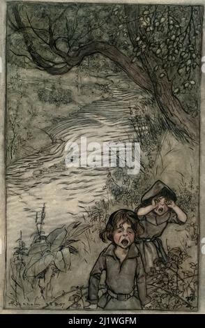 The Babes in the Woods - Wandering about and Boo - hoo - ing aus dem Buch "The Ingoldsby Legends; or, mirth & Marvels" von Thomas Ingoldsby, illustriert von Arthur Rackham, Erscheinungsdatum 1907 Verlag London, Dent; New York, Dutton. The Ingoldsby Legends (voller Titel: The Ingoldsby Legends, oder Fröhlichkeit und Wunder) ist eine Sammlung von Mythen, Legenden, Geistergeschichten und Gedichten, die angeblich von Thomas Ingoldsby von Tappington Manor geschrieben wurden, eigentlich ein Pseudonym eines englischen Geistlichen namens Richard Harris Barham. Stockfoto