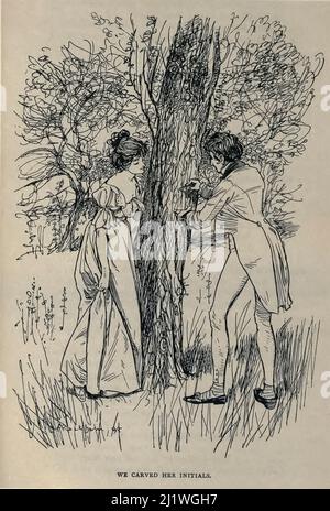 The Poplar We Carved her Initials from the book ' The Ingoldsby Legends; or, mirth & Marvels ' von Thomas Ingoldsby, Illustrated by Arthur Rackham, Erscheinungsdatum 1907 Herausgeber London, Dent; New York, Dutton. The Ingoldsby Legends (voller Titel: The Ingoldsby Legends, oder Fröhlichkeit und Wunder) ist eine Sammlung von Mythen, Legenden, Geistergeschichten und Gedichten, die angeblich von Thomas Ingoldsby von Tappington Manor geschrieben wurden, eigentlich ein Pseudonym eines englischen Geistlichen namens Richard Harris Barham. Stockfoto