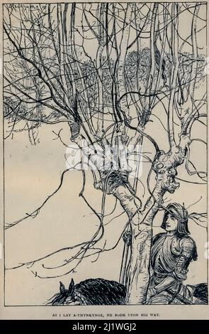 As I Laye A-Thynkynge He Rode auf seinem Weg aus dem Buch "The Ingoldsby Legends; or, mirth & Marvels" von Thomas Ingoldsby, illustriert von Arthur Rackham, Erscheinungsdatum 1907 Verlag London, Dent; New York, Dutton. The Ingoldsby Legends (voller Titel: The Ingoldsby Legends, oder Fröhlichkeit und Wunder) ist eine Sammlung von Mythen, Legenden, Geistergeschichten und Gedichten, die angeblich von Thomas Ingoldsby von Tappington Manor geschrieben wurden, eigentlich ein Pseudonym eines englischen Geistlichen namens Richard Harris Barham. Stockfoto